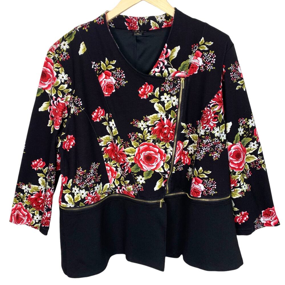 IMAN Women's 2XL Black Pink Red Floral Convertible Motorcycle Jacket
